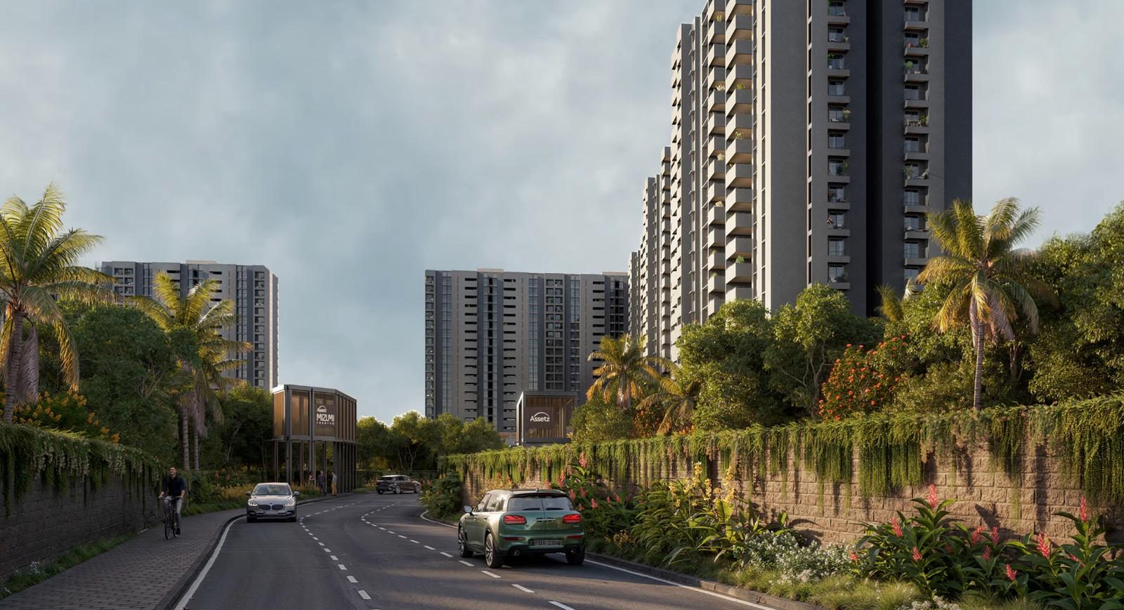 Mizumi Reserve by Assetz — approach road, towers and arrival pavilion, CGI artist's impression